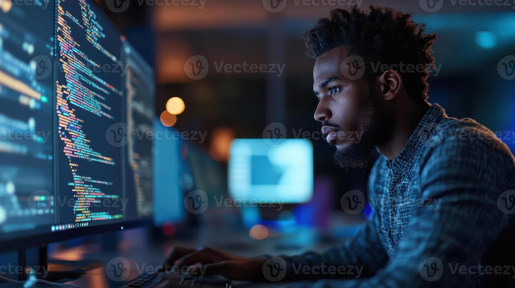 A man is sitting in front of a computer with a black beard photo