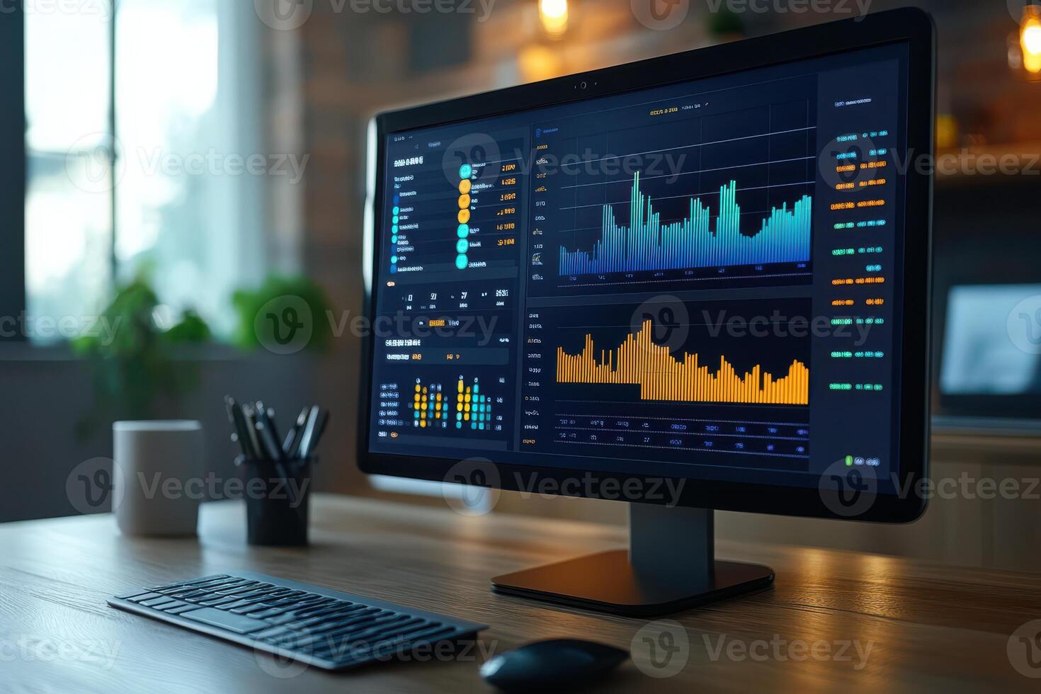 A computer monitor displays a graph of stock prices photo