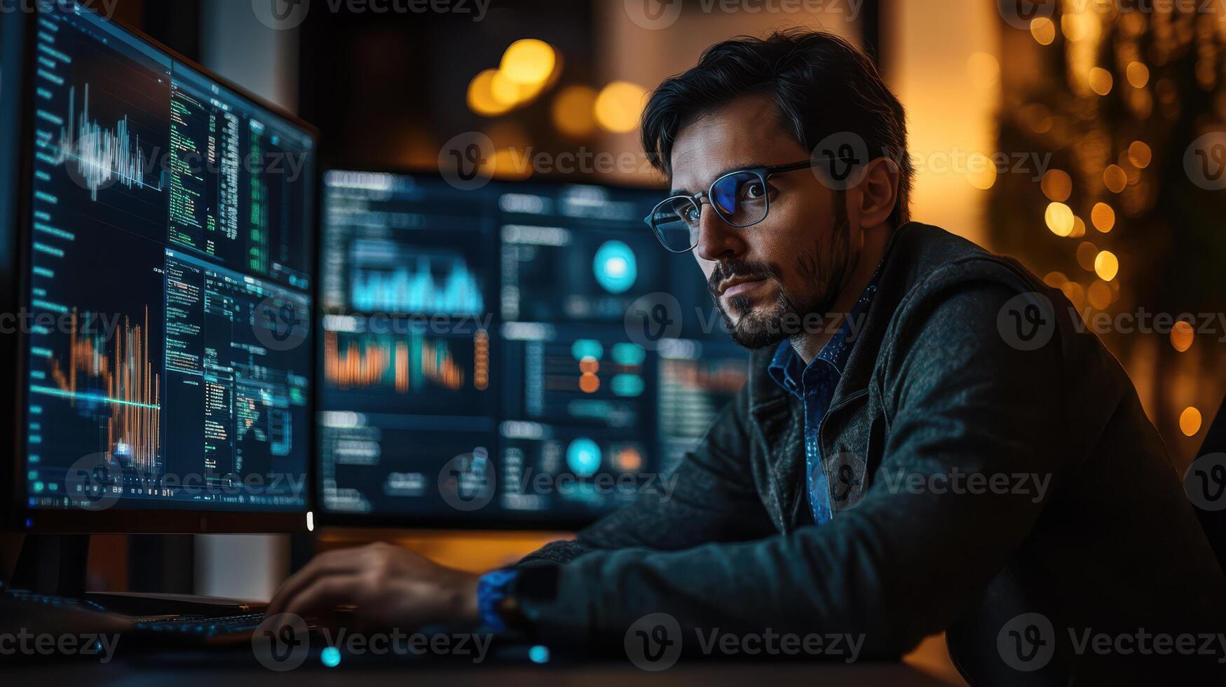 A man is sitting in front of two computer monitors photo
