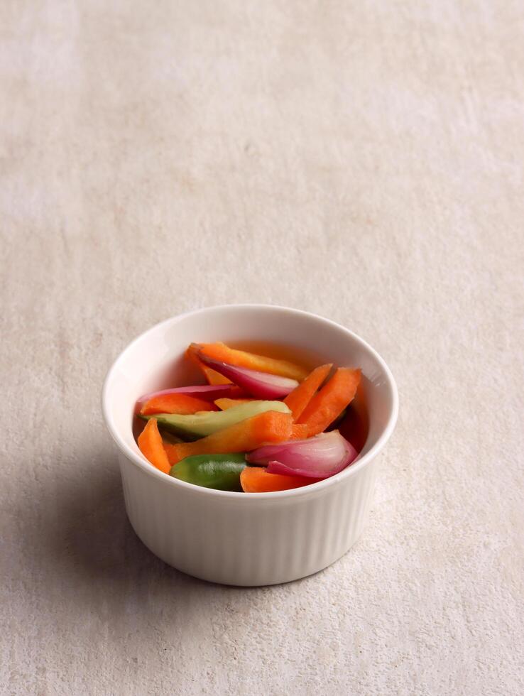 pickles diet chilli oil spicy carrot onion vegan kitchen menu ingredient snack vegetable fresh dish photo