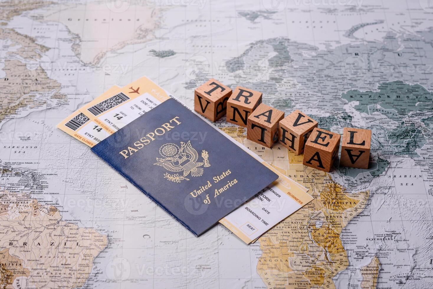 Conceptual background for travel with passport, magnifying glass, world map and money photo