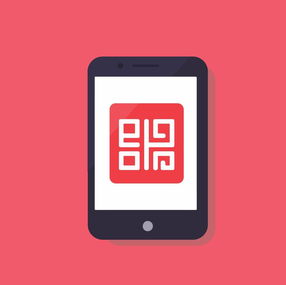Smartphone displaying a red and white QR code. vector