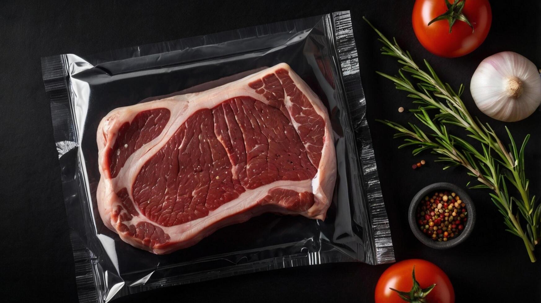 Freezer beefsteak in packaging on black background. Raw beef steak vacuum sealed bag for sell. Beef rib eye steak plastic pack. top view photo