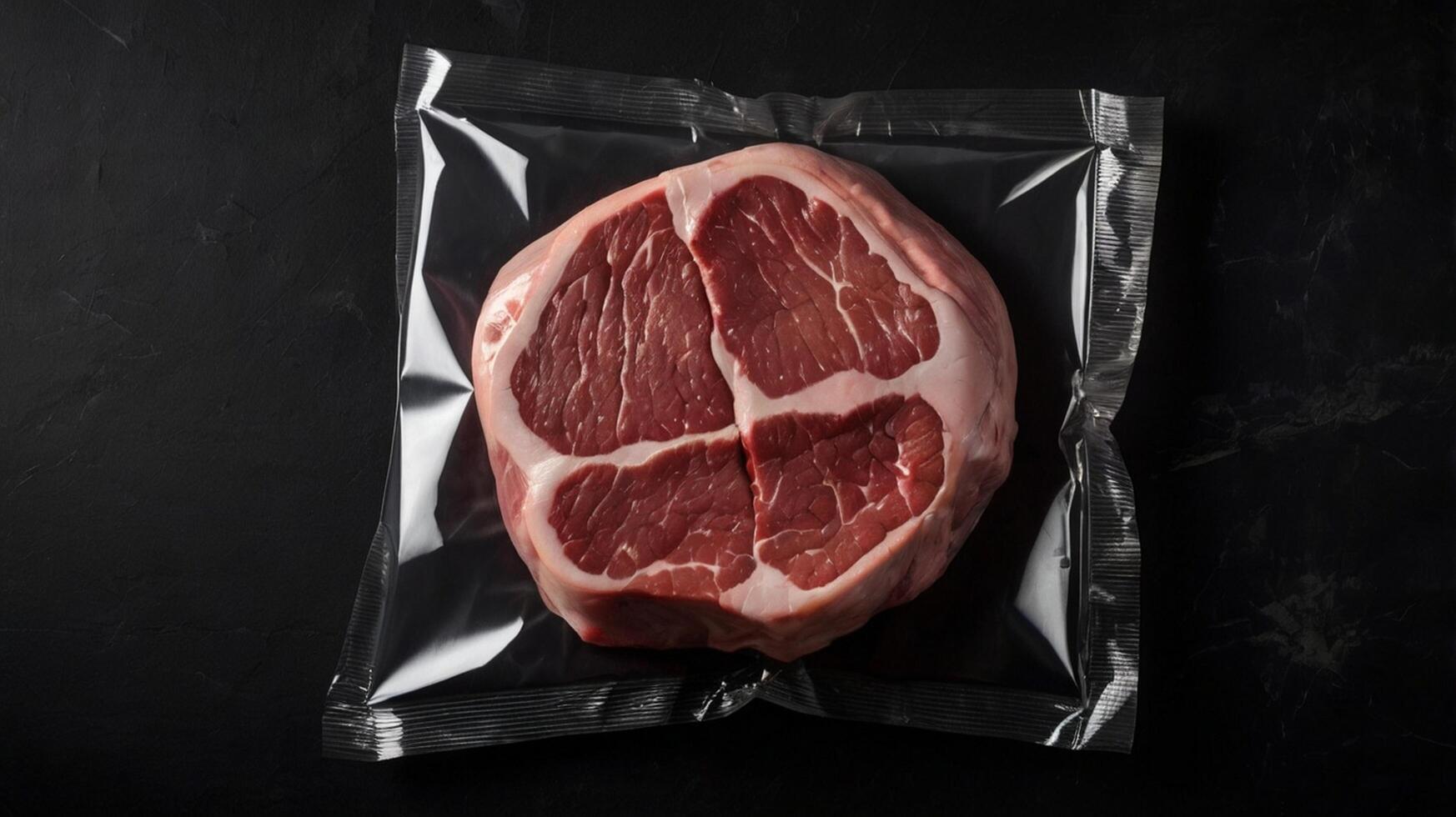 Freezer beefsteak in packaging on black background. Raw beef steak vacuum sealed bag for sell. Beef rib eye steak plastic pack. top view photo