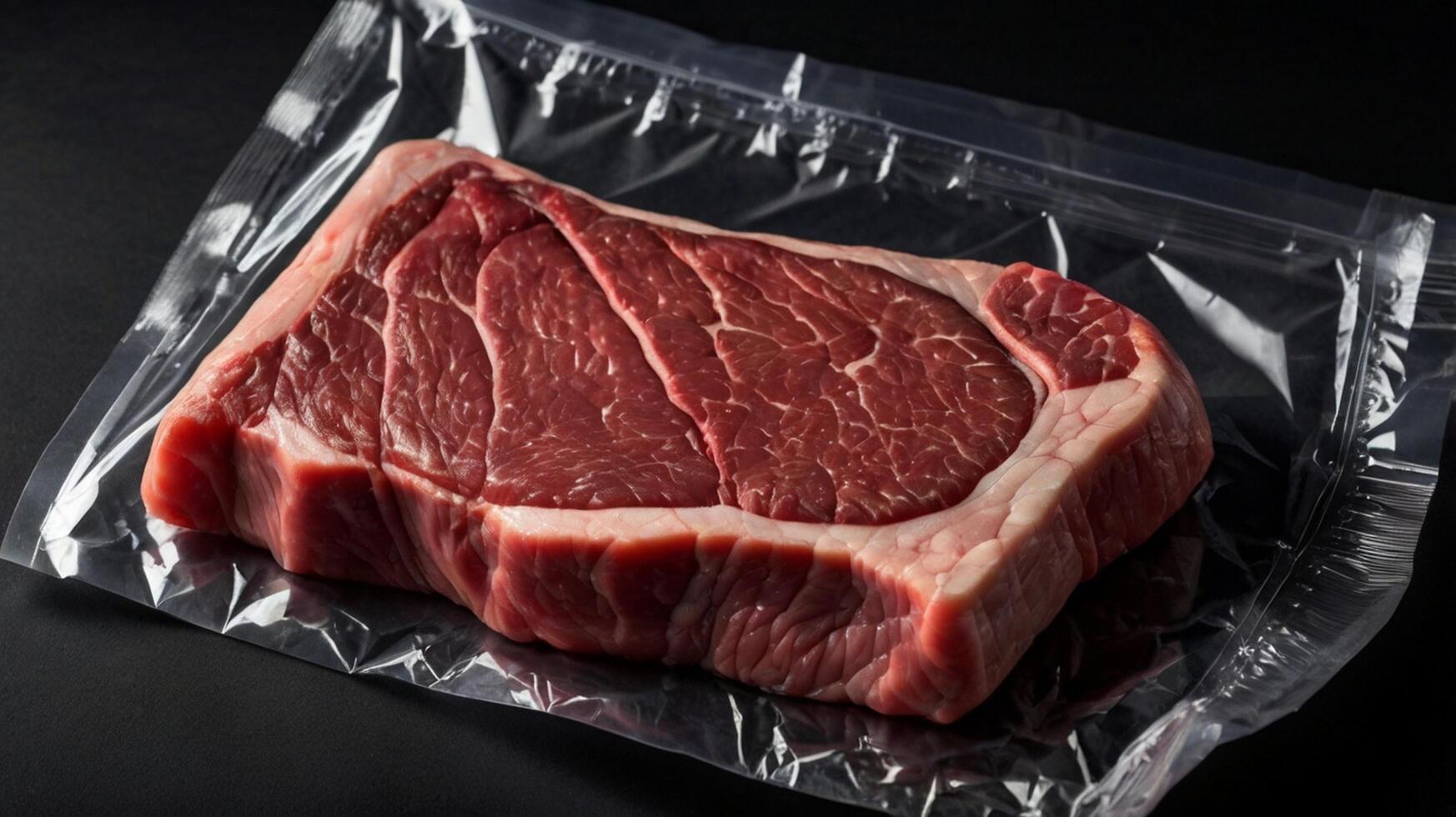 Freezer beefsteak in packaging on black background. Raw beef steak vacuum sealed bag for sell. Beef rib eye steak plastic pack. top view photo