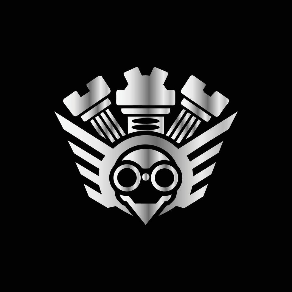 a black and white logo with a motorcycle engine vector