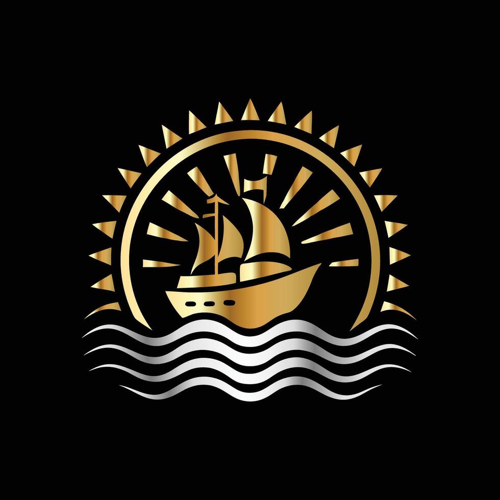 a golden ship in the ocean with a sun behind it vector