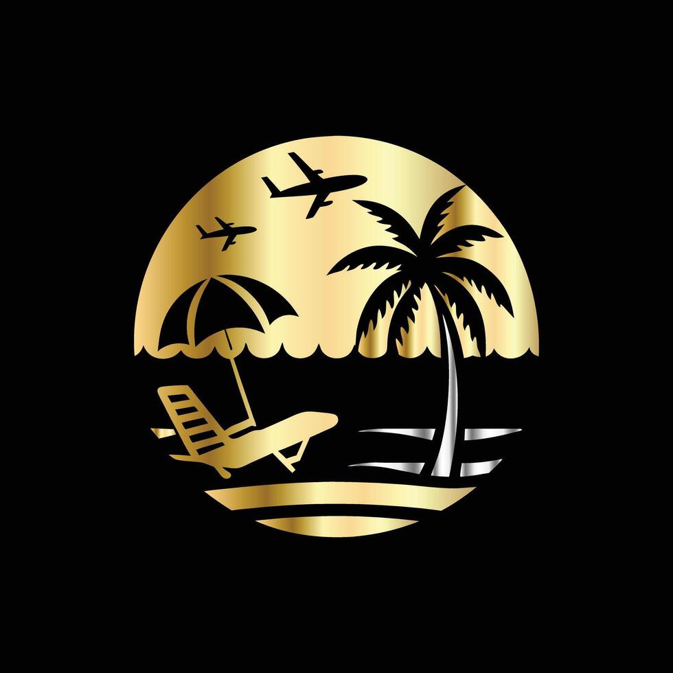 golden beach and palm tree logo vector