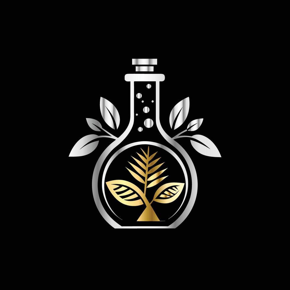 a laboratory flask with gold leaves and a black background vector