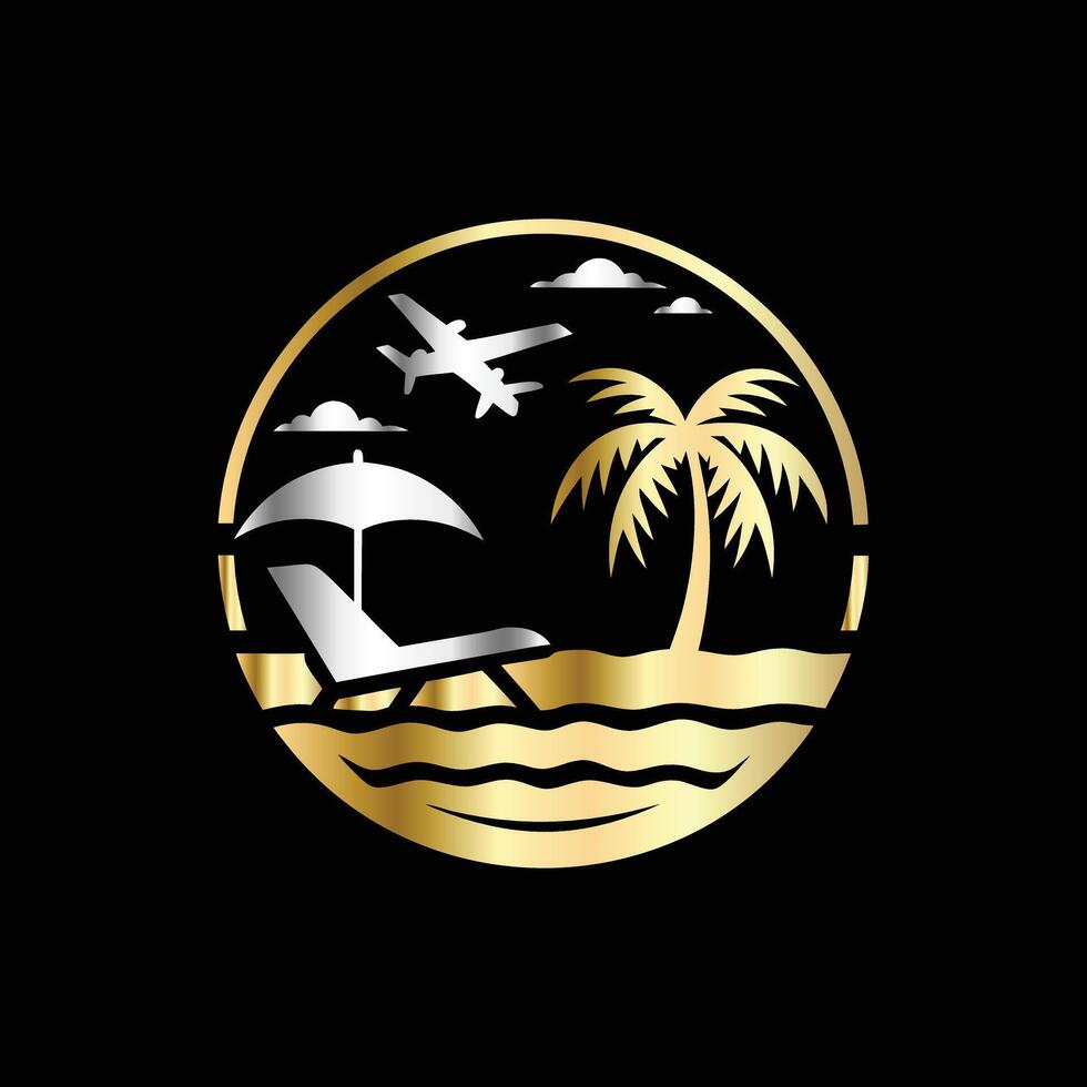 Tropical beach with palm trees and airplane logo. illustration. vector
