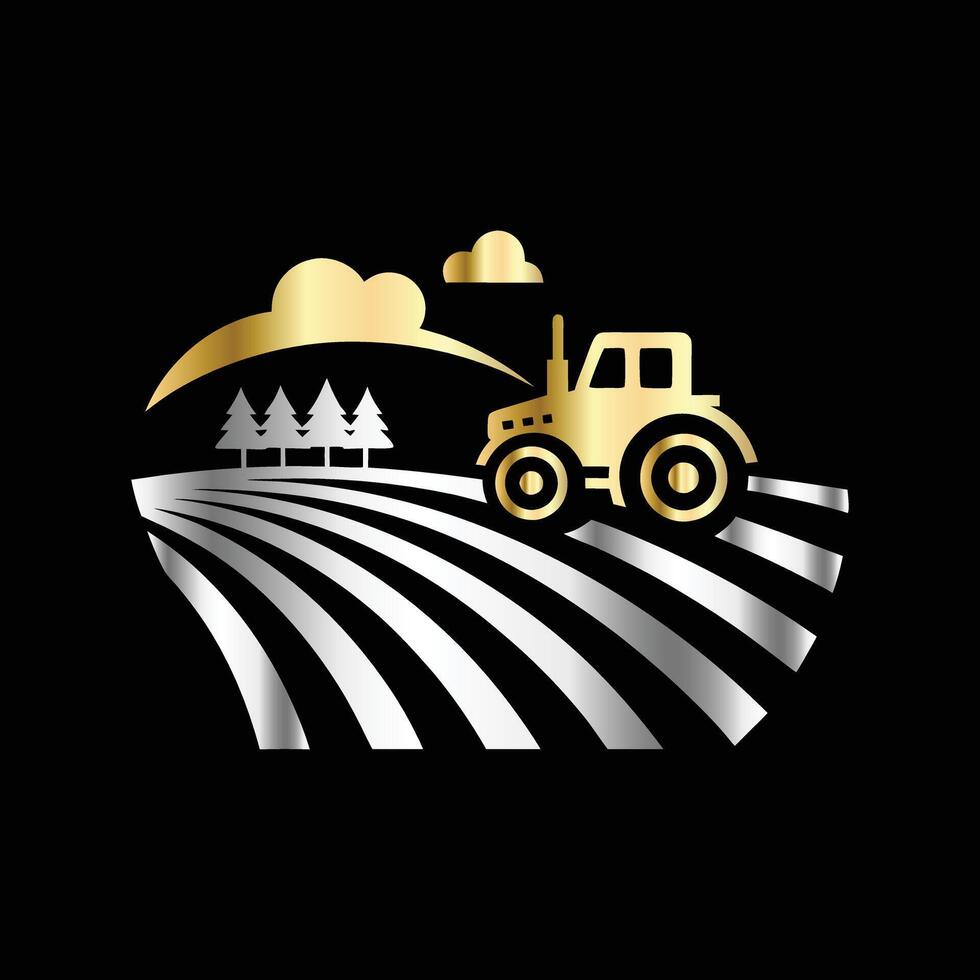 a tractor and trees on a farm logo vector
