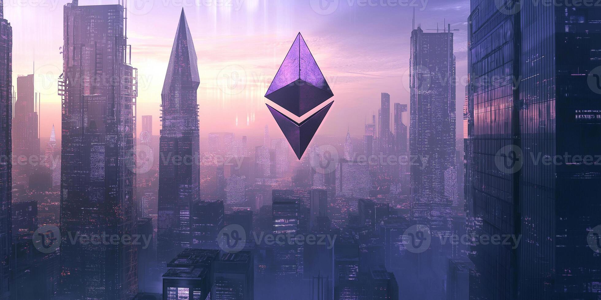 Ethereum ETH Logo Floating Above a Futuristic Landscape photo