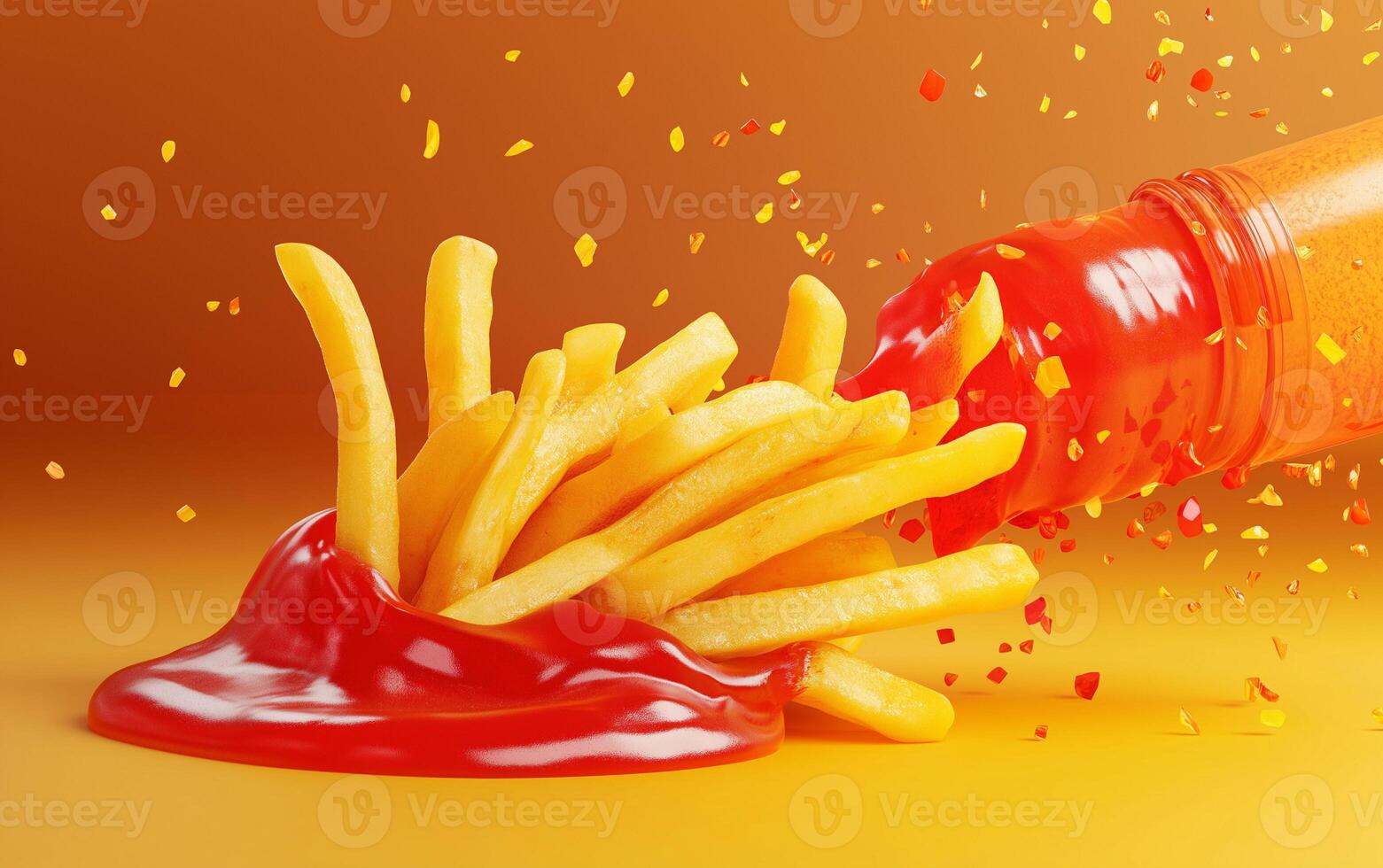 French Fries in a Fun Chase with a Playful Ketchup Bottle photo