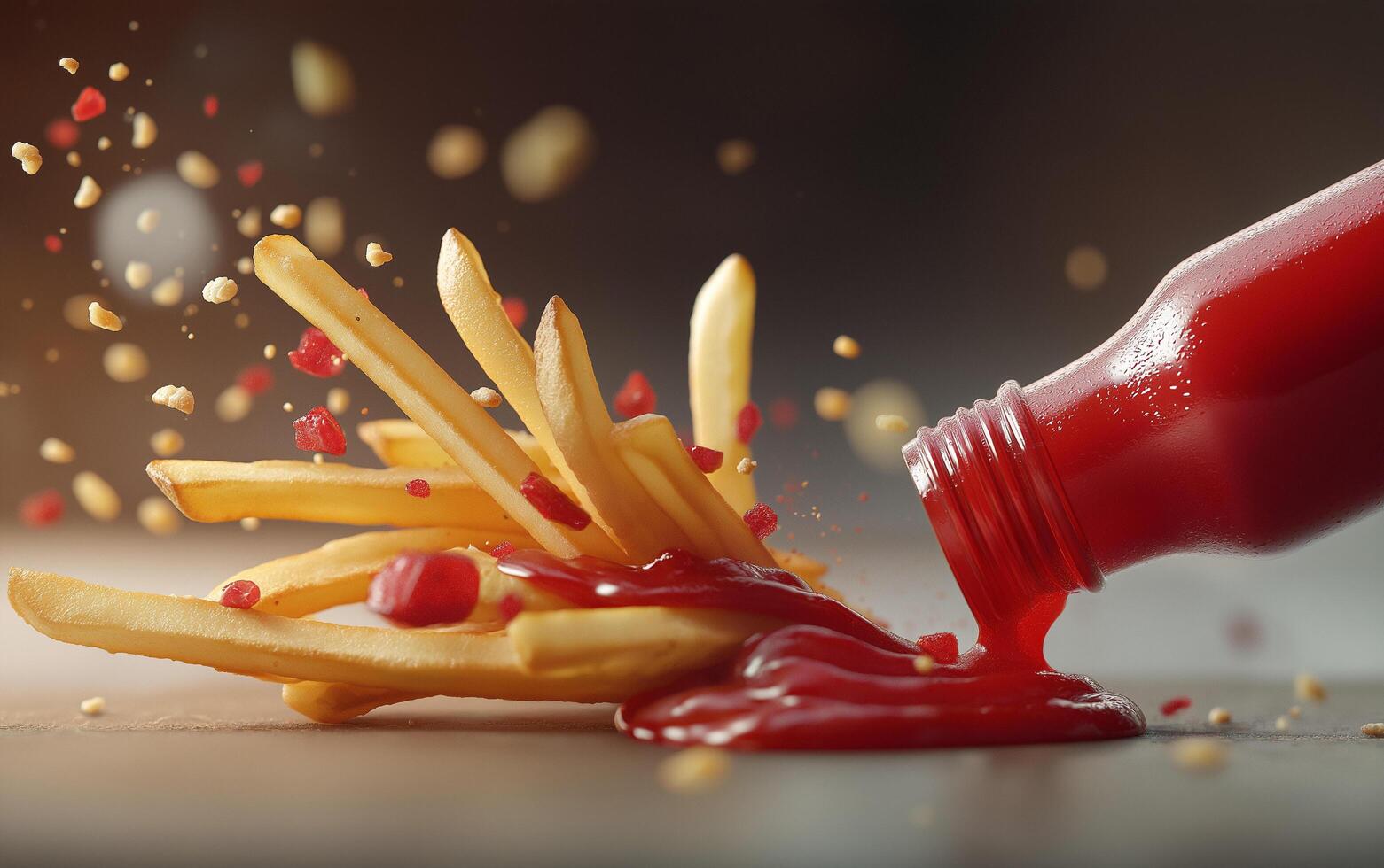 French Fries Fleeing from a Fun Ketchup Bottle photo