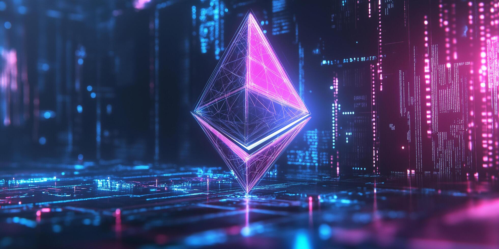 Ethereum Symbol Floating in a Digital Space with Interconnected Elements photo