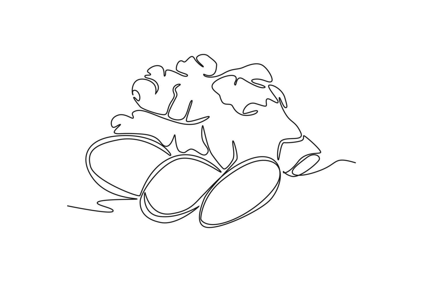 Single one line drawing whole and sliced healthy organic ginger for farm logo identity. Fresh flowering plant rhizome herbaceous perennial icon. Continuous line draw design graphic illustration vector