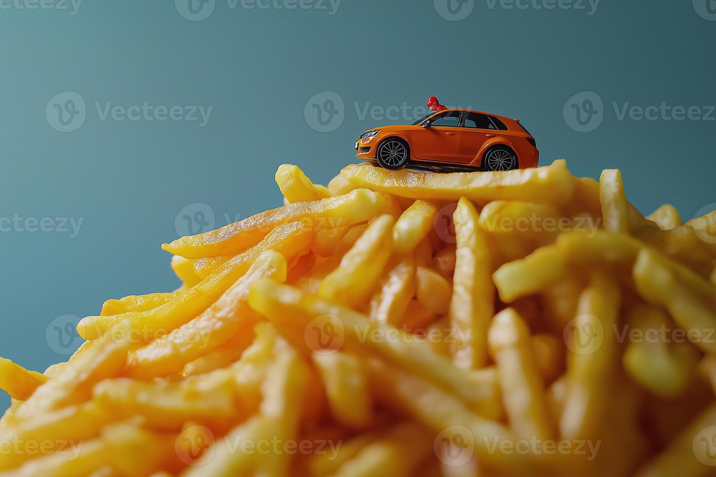 Tiny Toy Car Scaling a Mountain of French Fries photo