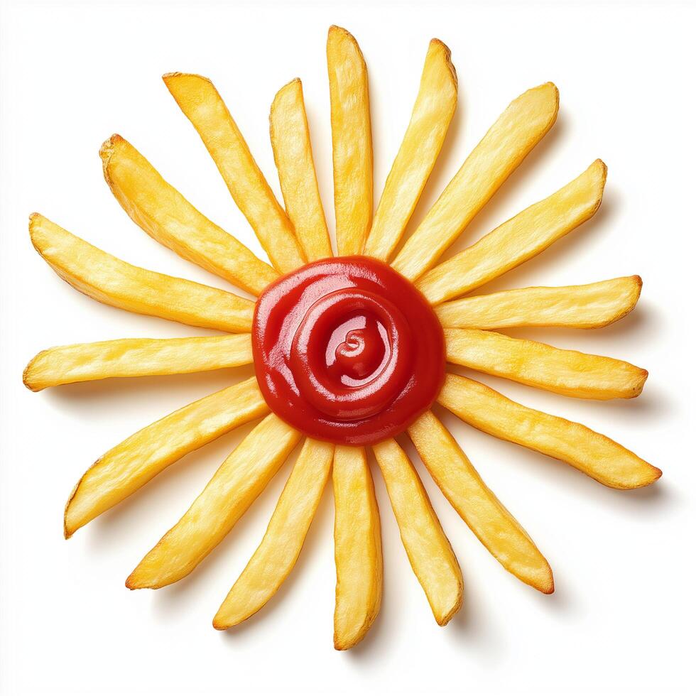 French Fries Formed into a Sun Pattern with Ketchup photo