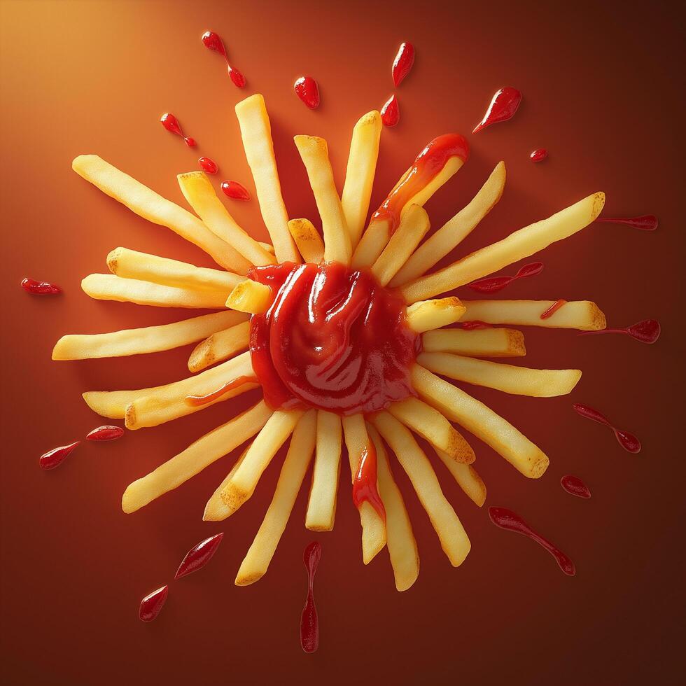 Ketchup Rays in a Playful Sunburst of French Fries photo