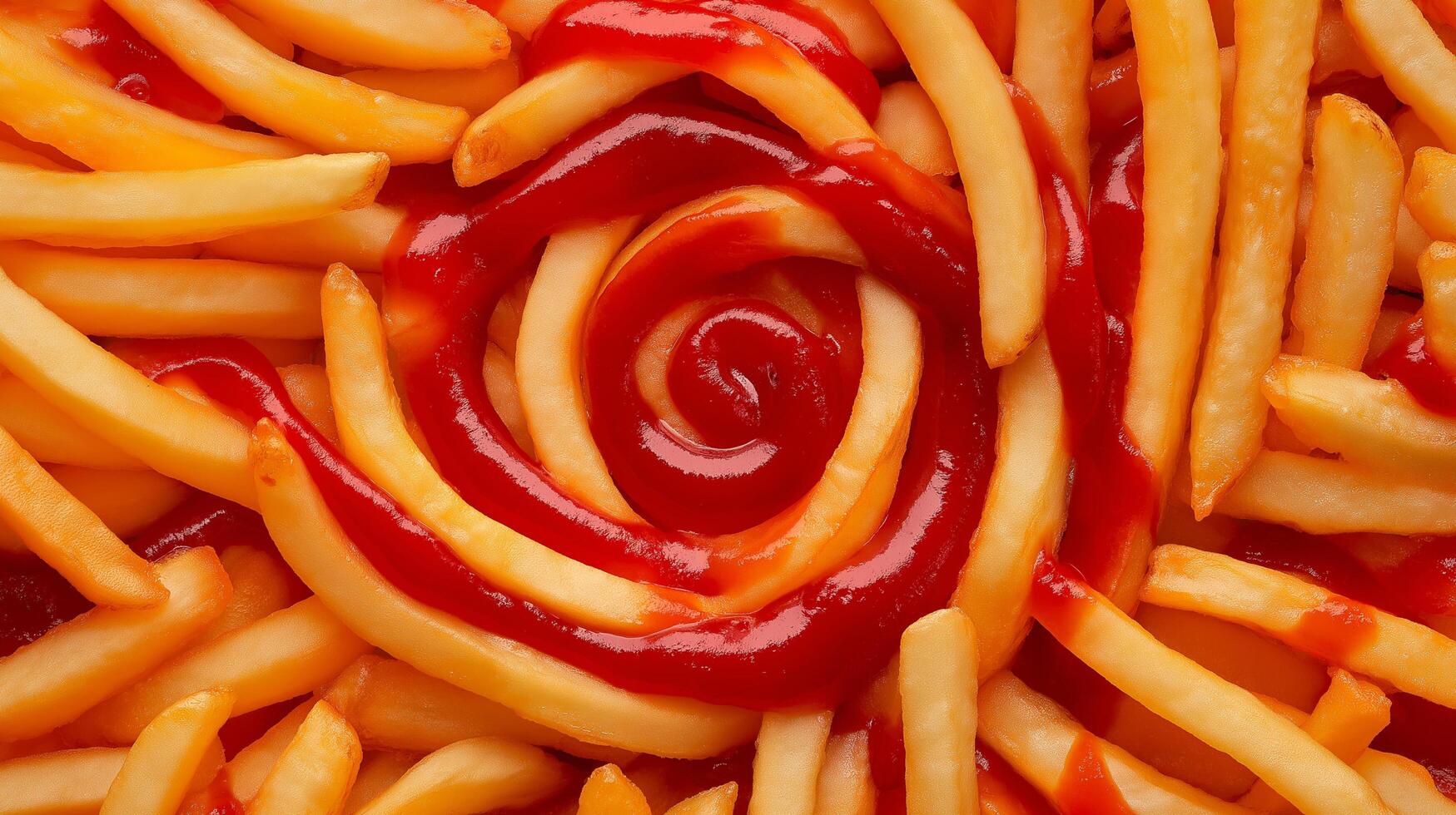 French Fries Arranged in a Spiral Pattern with Ketchup photo