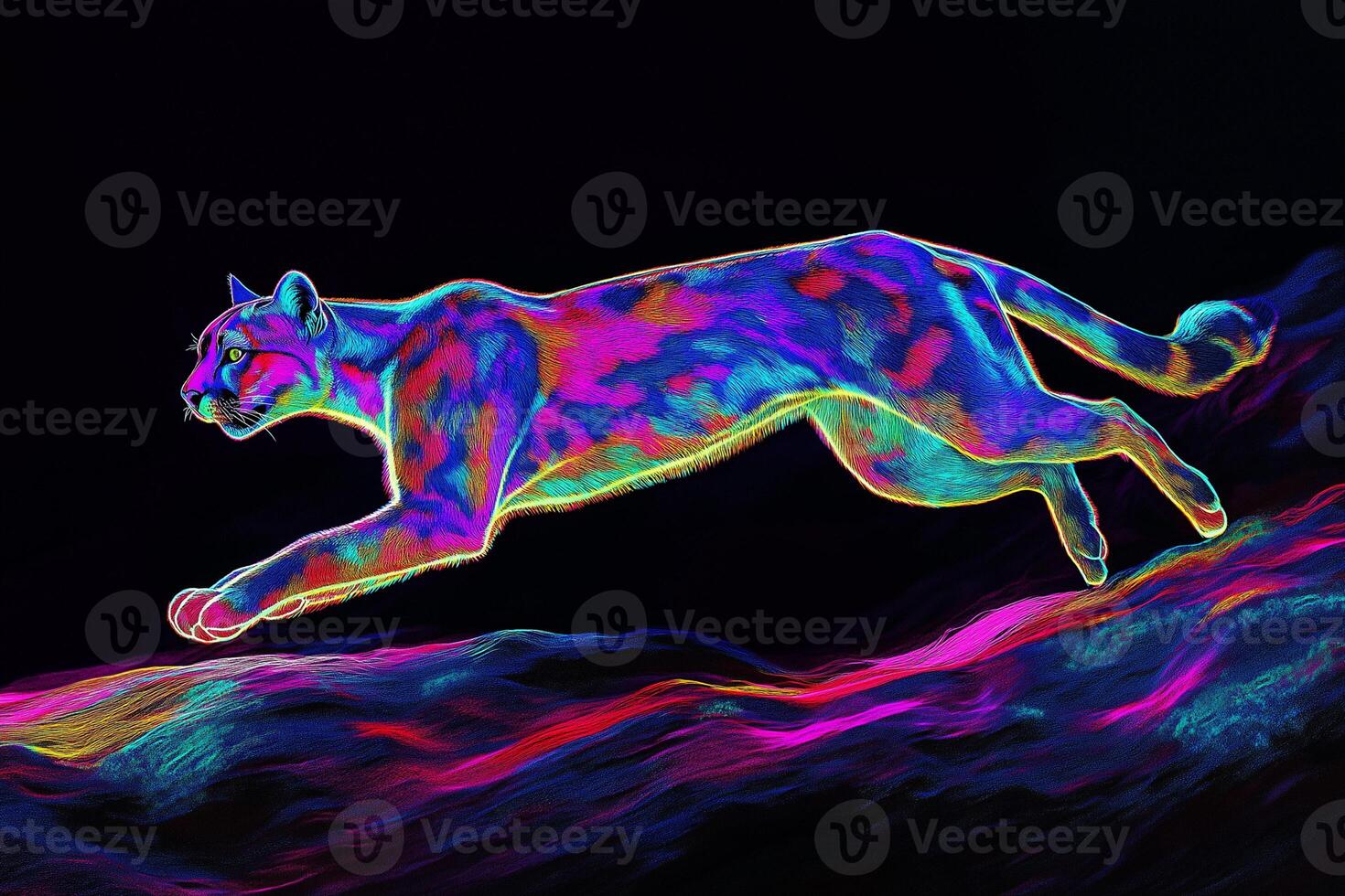 Neon Puma Leaping Over Rocks While Running photo