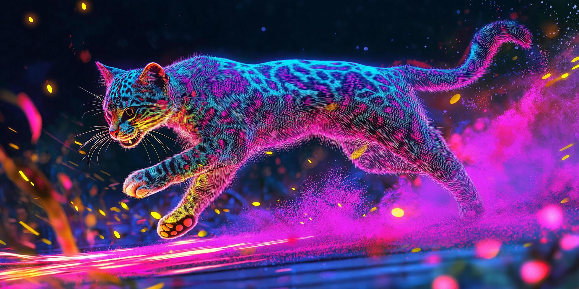 Wild cat with neon and vibrant pattern with colorful lights photo