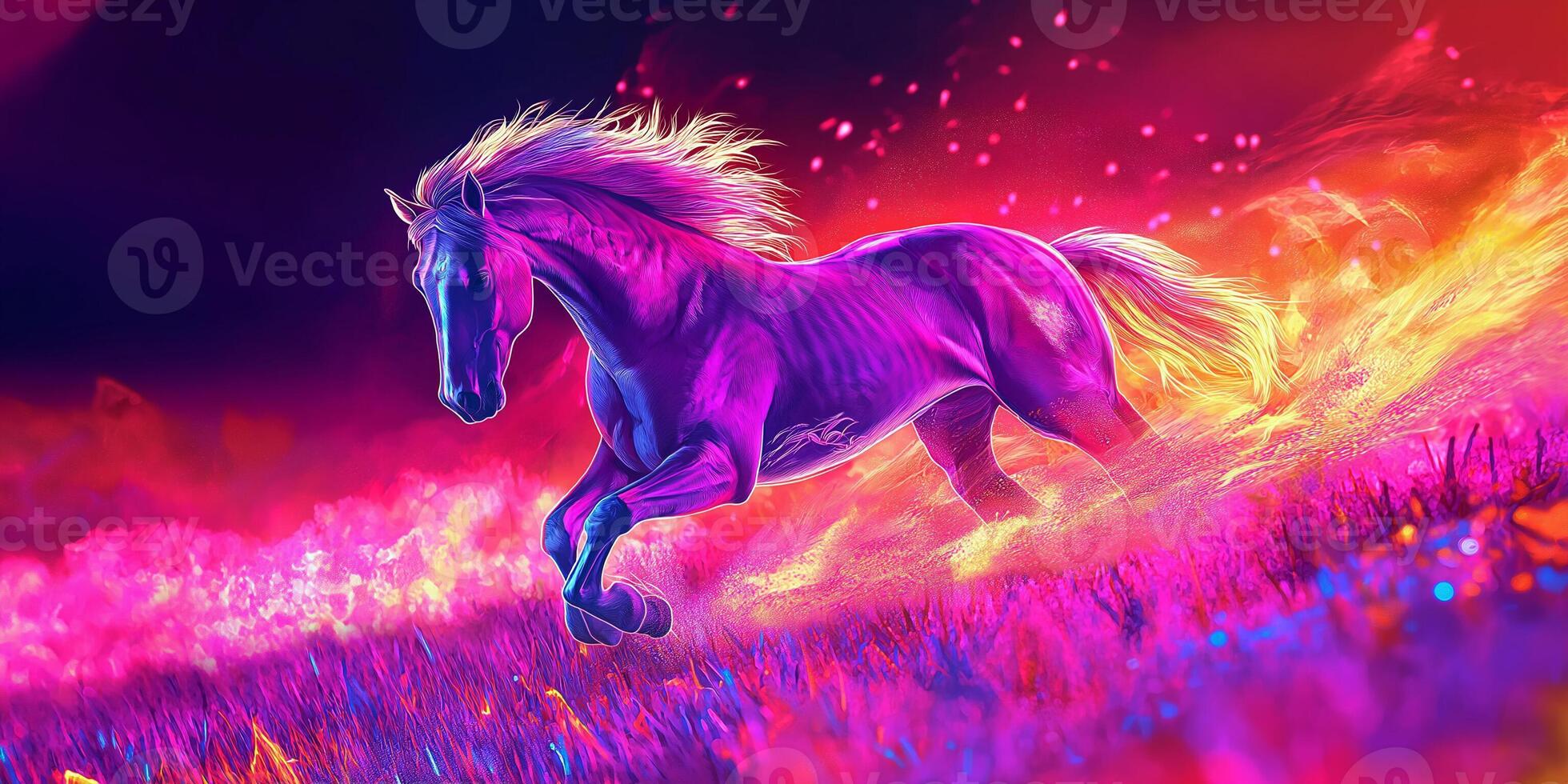 Neon wild horse running in glowing field photo