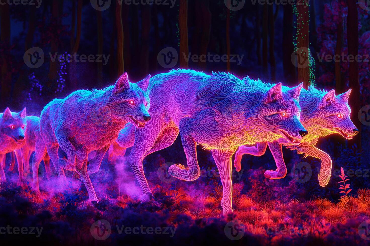 Neon Wolf Pack Running Through Forest with Vibrant Visuals photo