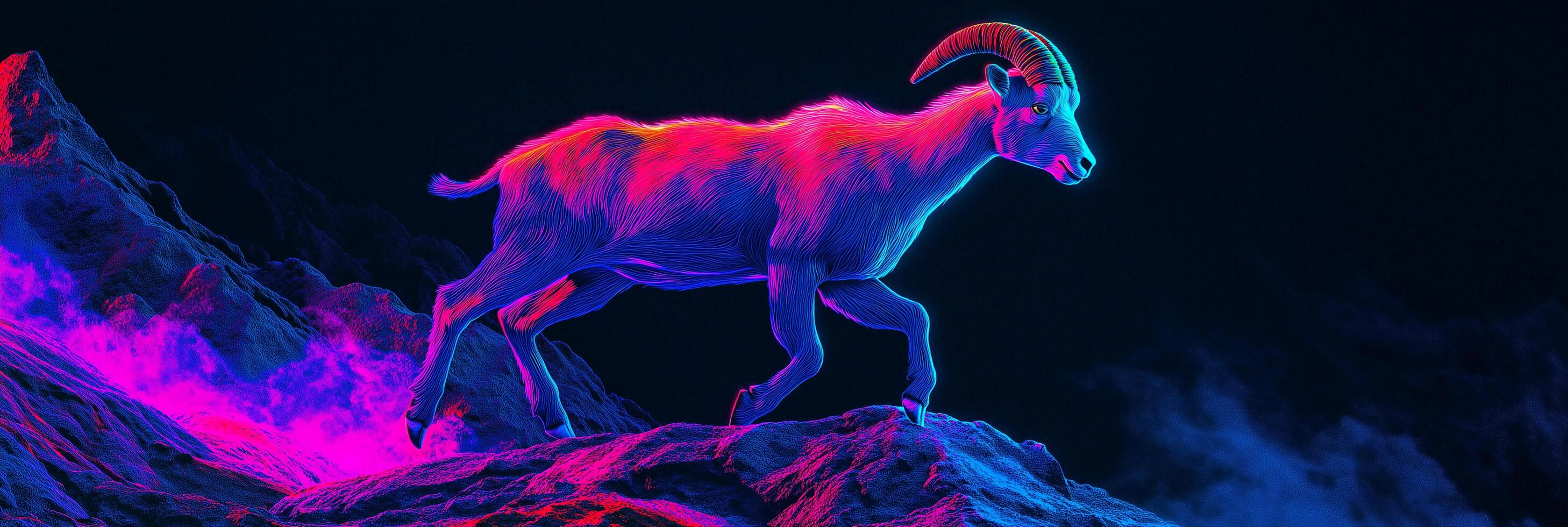 Glowing Mountain Goat Running Fast on Neon Slopes photo
