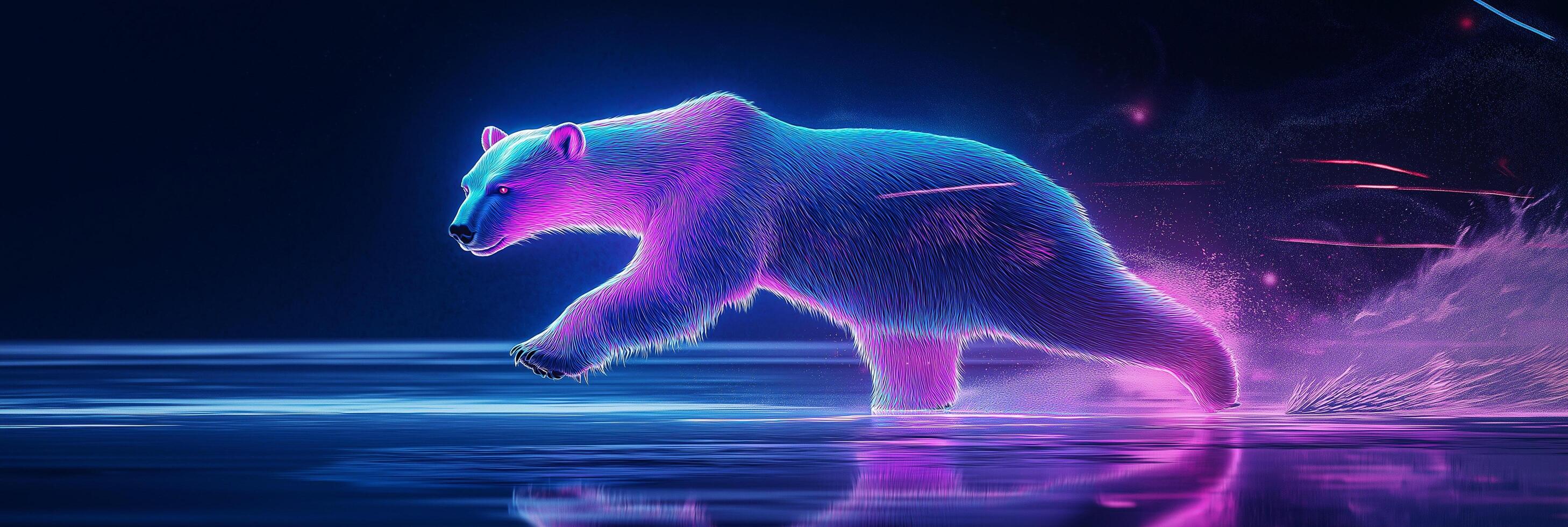 Neon Polar Bear in Motion on Ice with Radiant Visuals photo