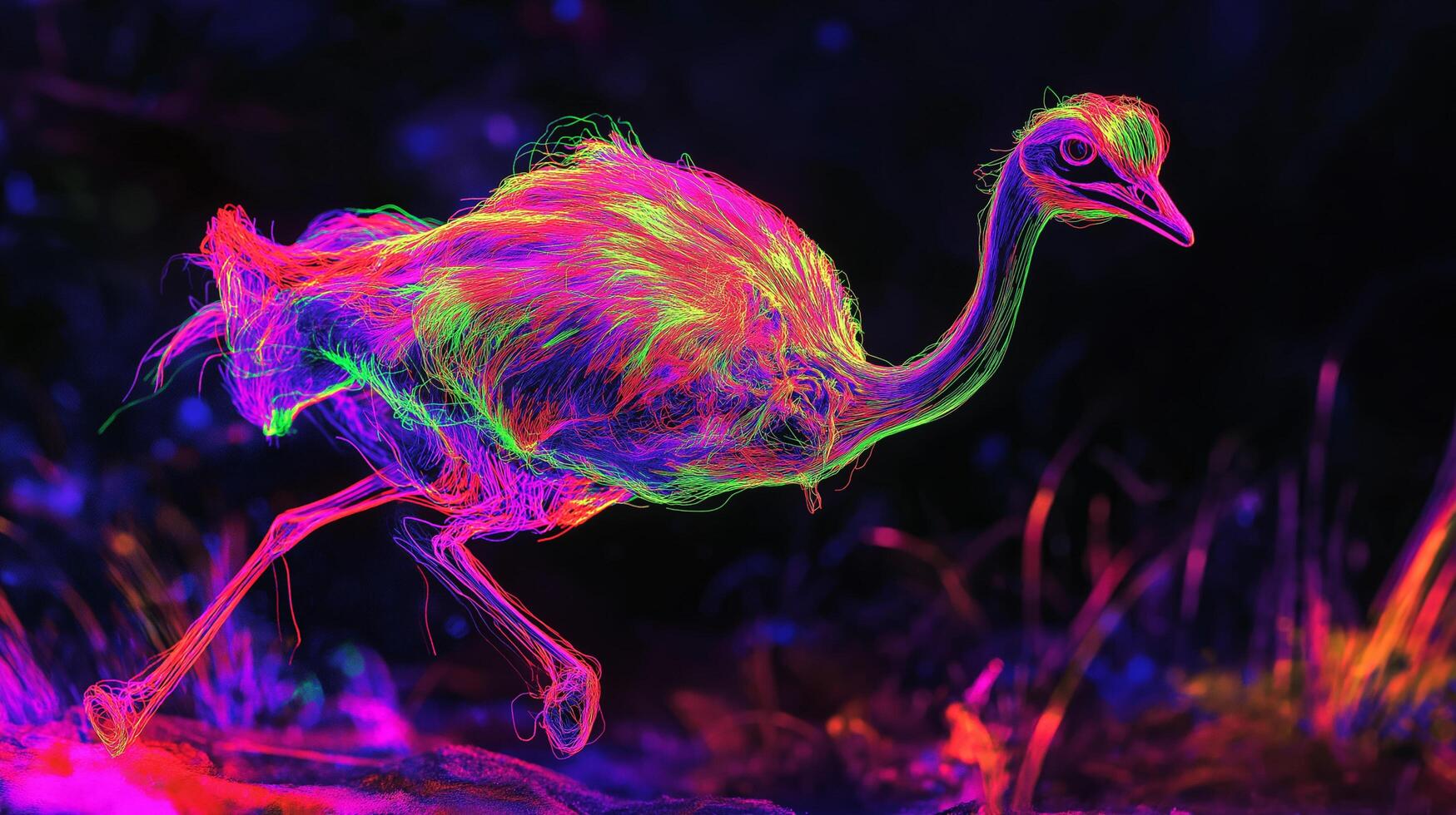 Neon ostrich running in vibrant landscape photo