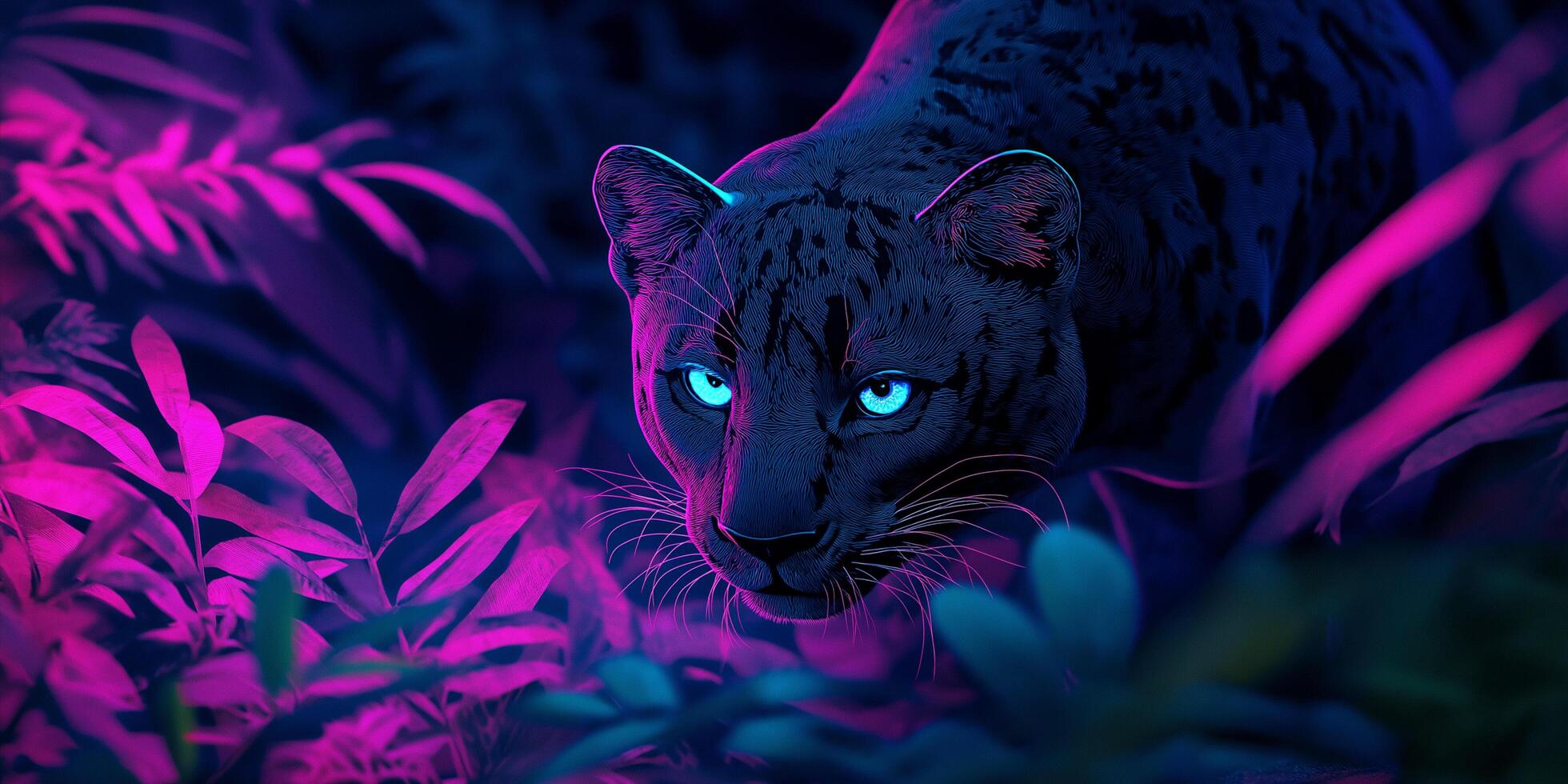 Neon panther with glowing eyes in dense forest photo