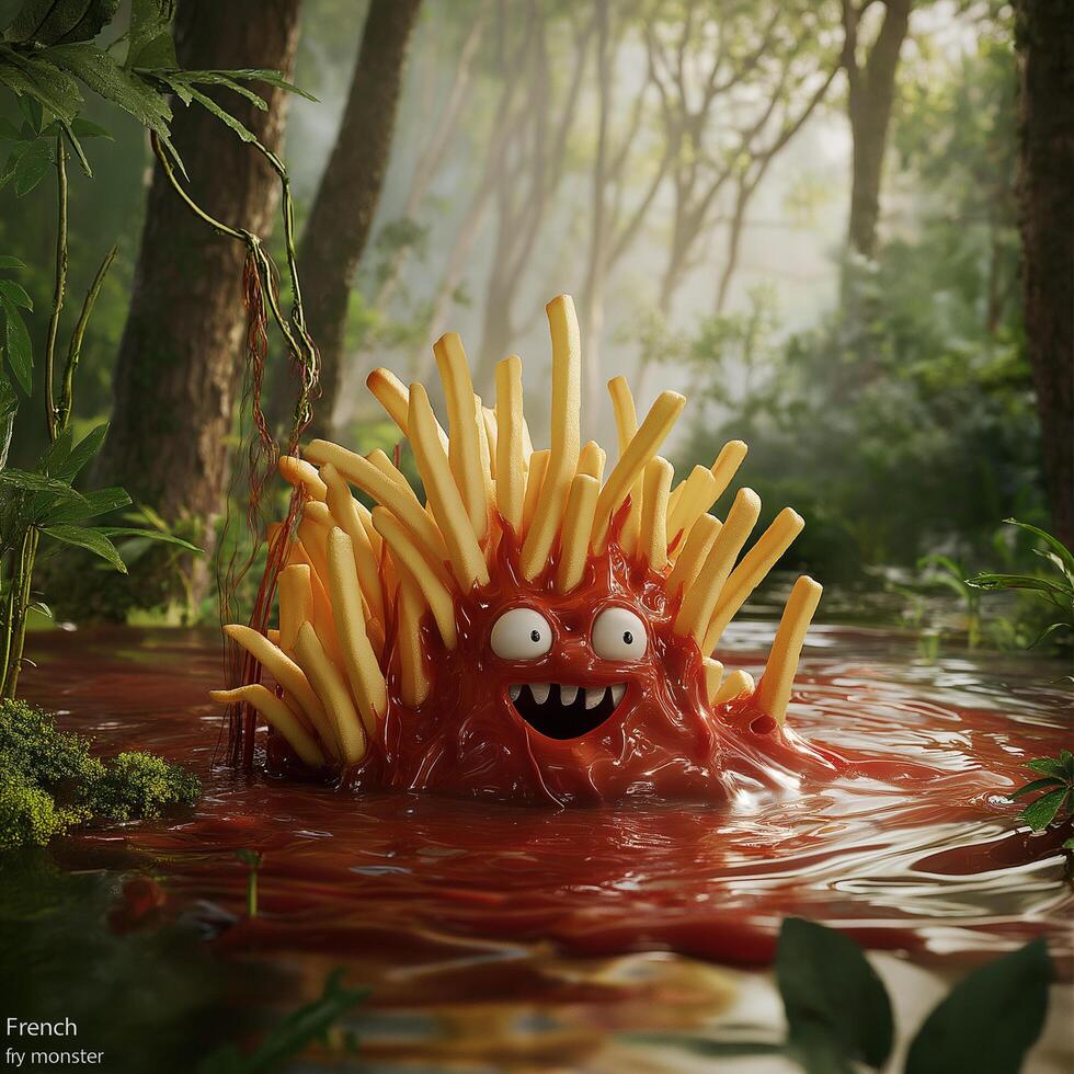 A Whimsical French Fry Monster Emerging from a Ketchup Pool photo