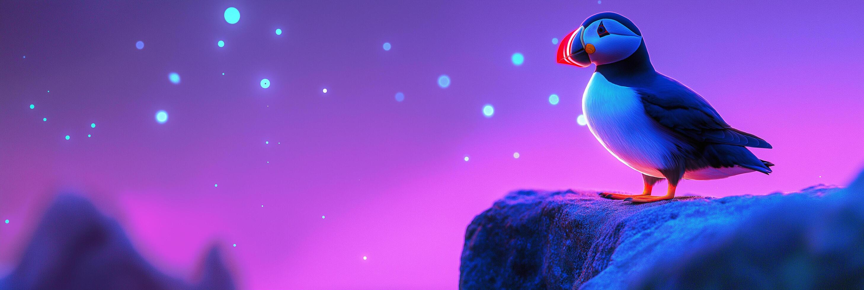 Neon puffin with vibrant feathers standing on rock photo