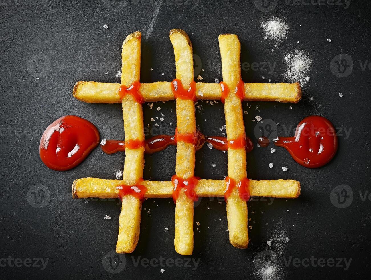 French Fries Arranged Like a Tic-Tac-Toe Game with Ketchup photo
