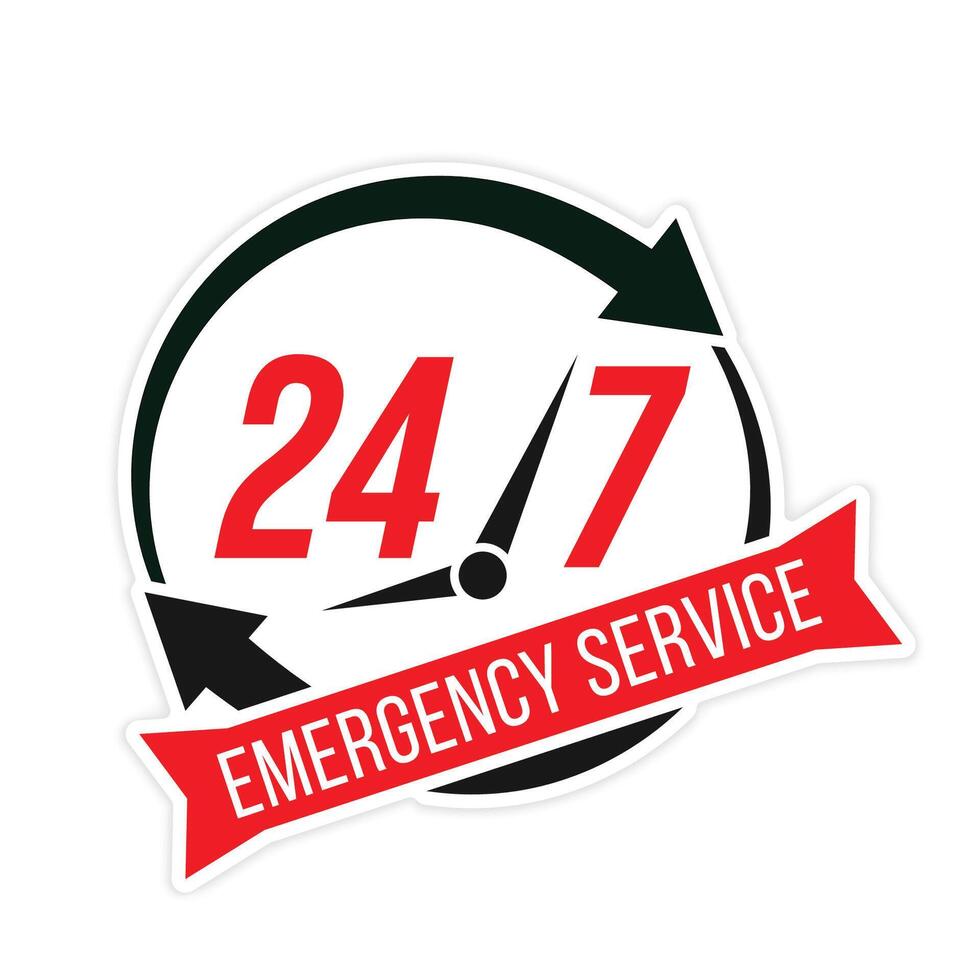 24 and 7 Emergency Service red and black design vector