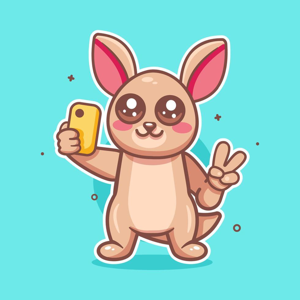 happy kangaroo animal character mascot taking a selfie with a smartphone isolated cartoon vector