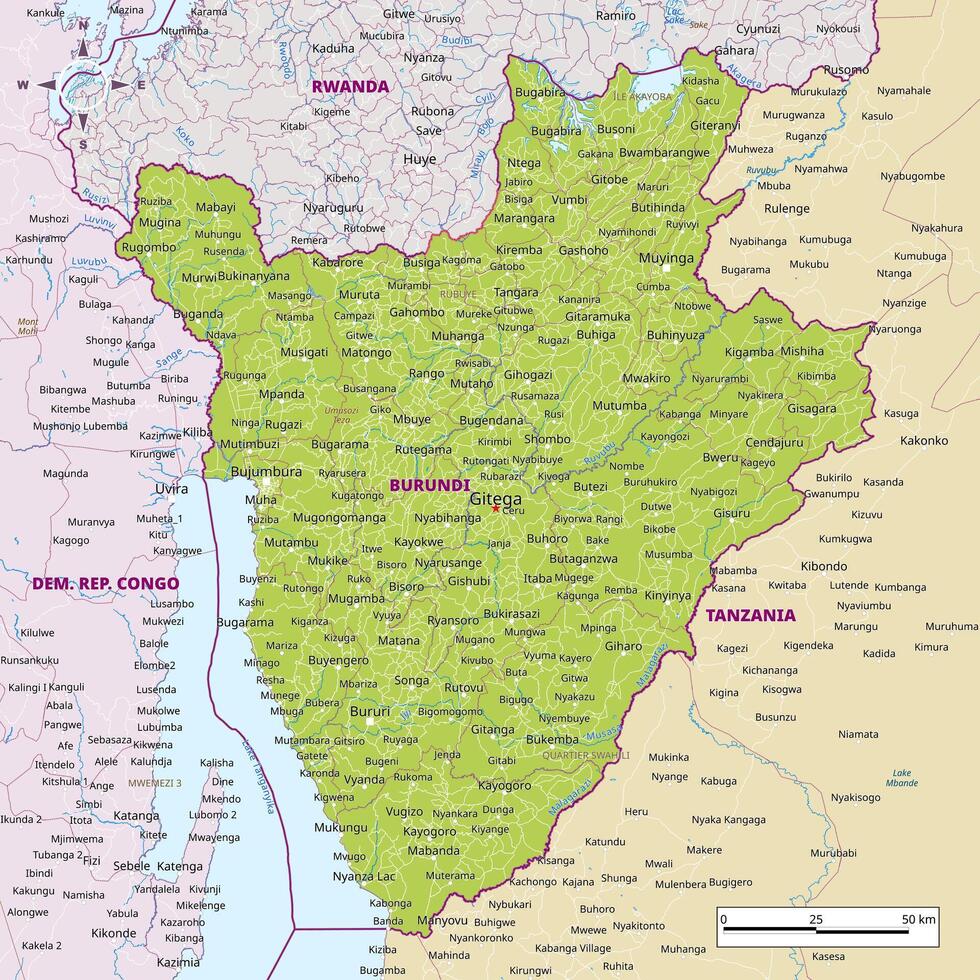Detailed political map of Burundi vector
