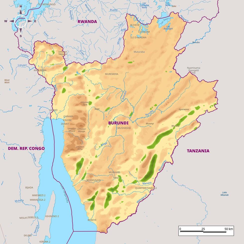 Detailed physical map of Burundi vector