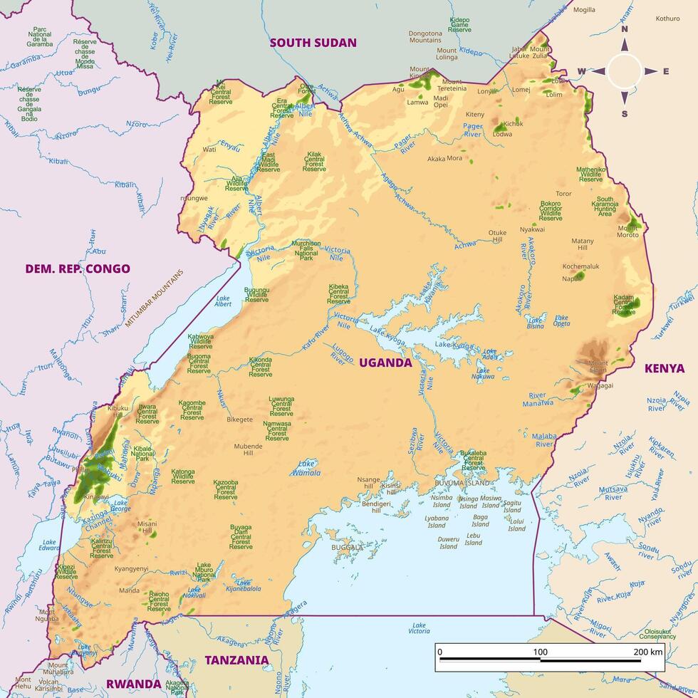 Detailed physical map of Uganda vector