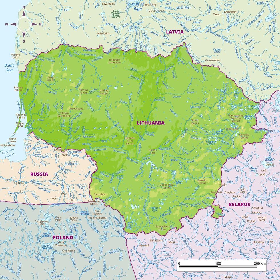 Detailed physical map of Lithuania vector
