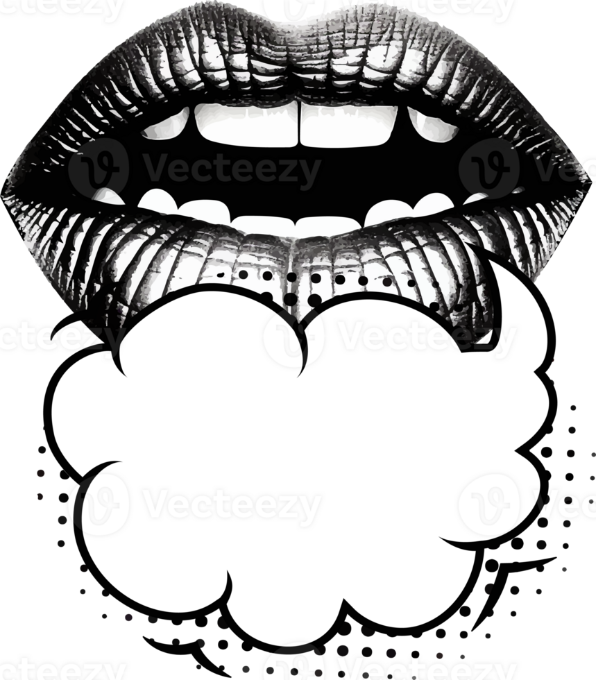 Bold monochrome lips with a blank speech bubble png