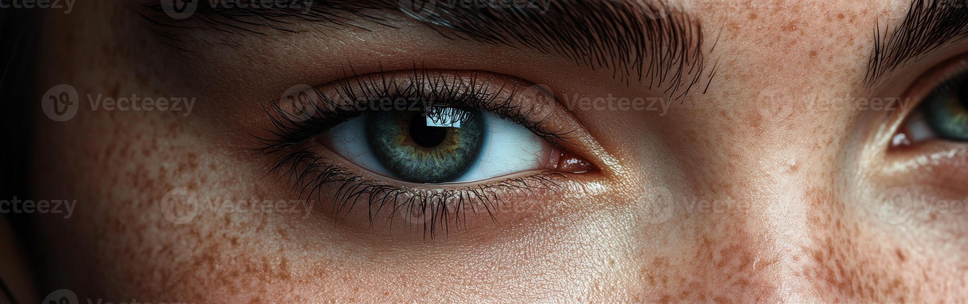 Close-up of striking blue-green eye with freckles in natural light photo
