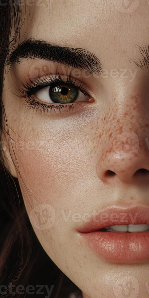 Young woman with freckles and expressive eyes in soft lighting photo