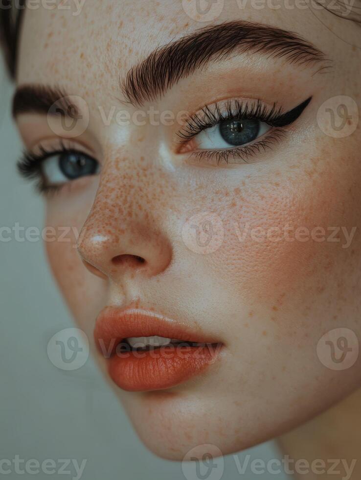 Close-up of a woman with striking makeup and natural beauty indoors photo
