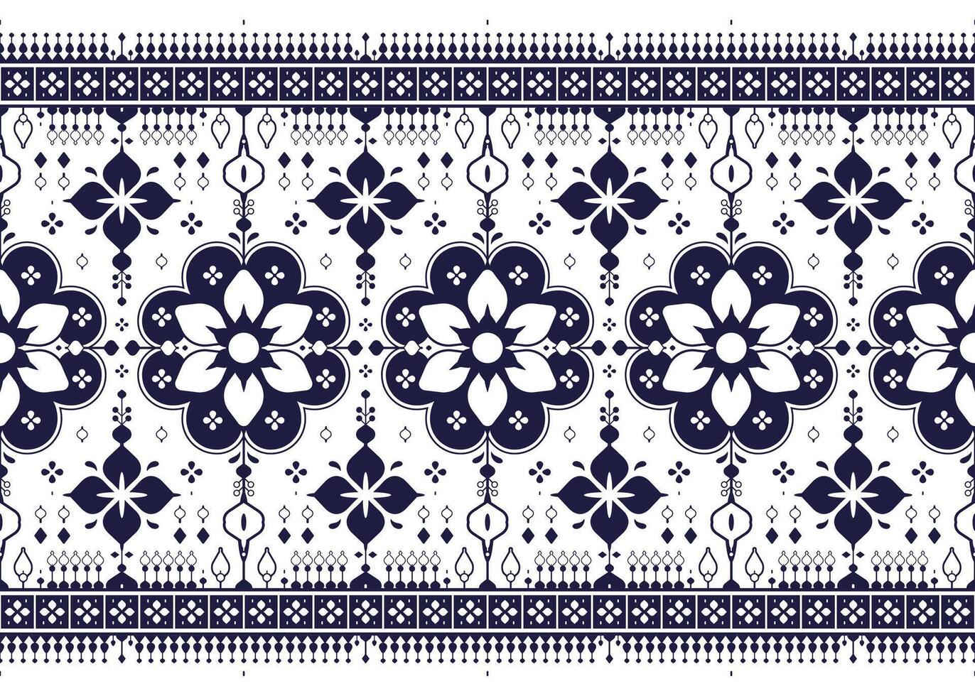 dark blue geometric and floral ethnic fabric seamless pattern on White background, design for cloth, carpet, batik, wallpaper, wrapping etc. vector
