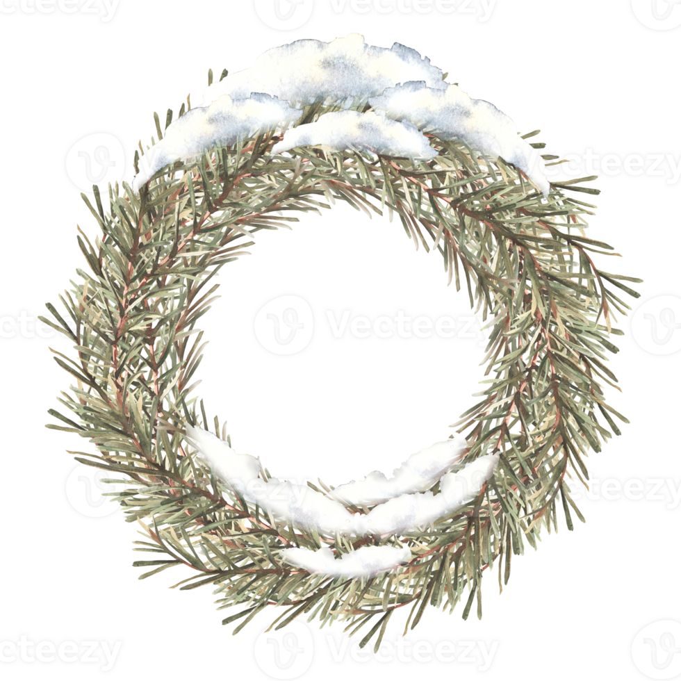 Snowy winter branch wreath. Watercolor Christmas fir tree, spruce twig, festive nature card template, circle frame. It is snowing. Hand drawn illustration. New Year Clipart on isolated background png