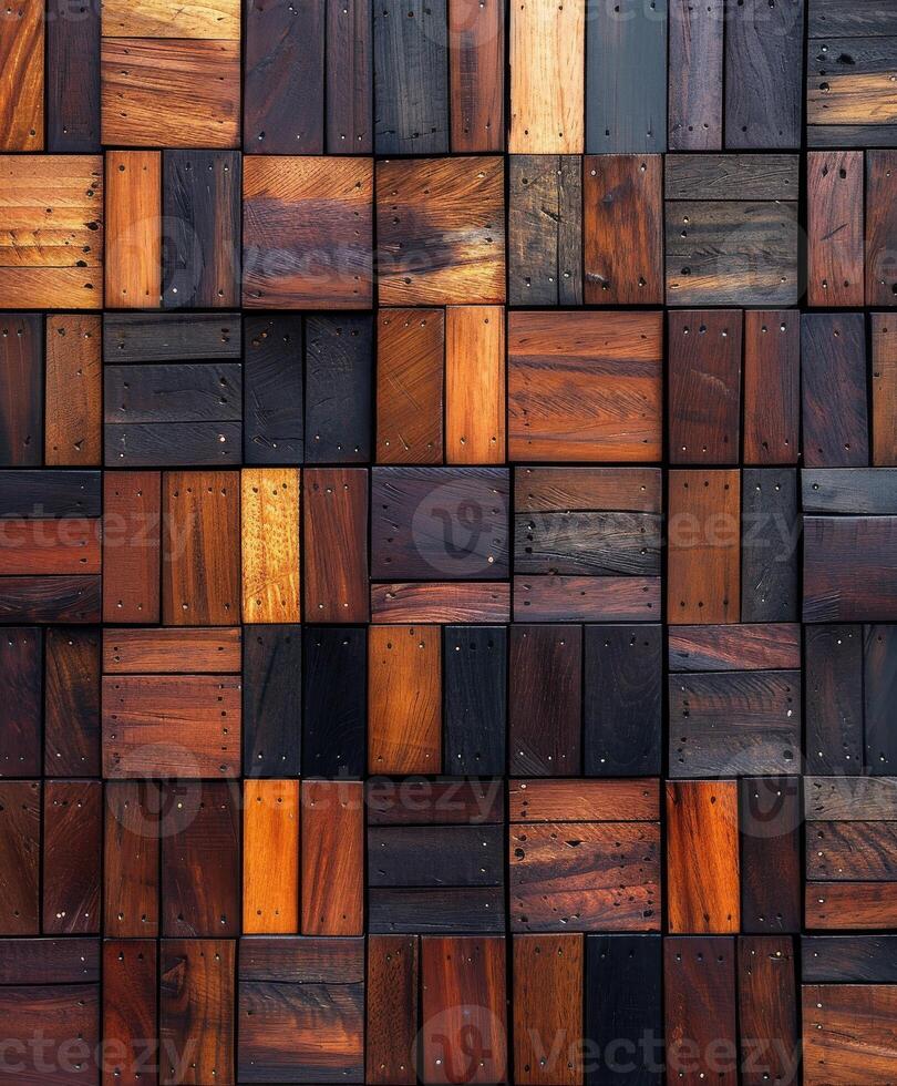 Wood decking made from various types of stained timber arranged in pattern photo