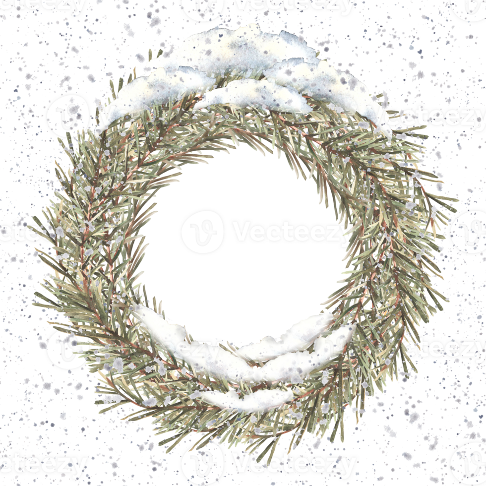 Snowy winter branch wreath. Watercolor Christmas fir tree, spruce twig, festive nature card template, frame. It is snowing. Hand drawn illustration. Clipart on isolated background for Xmas or New Year png