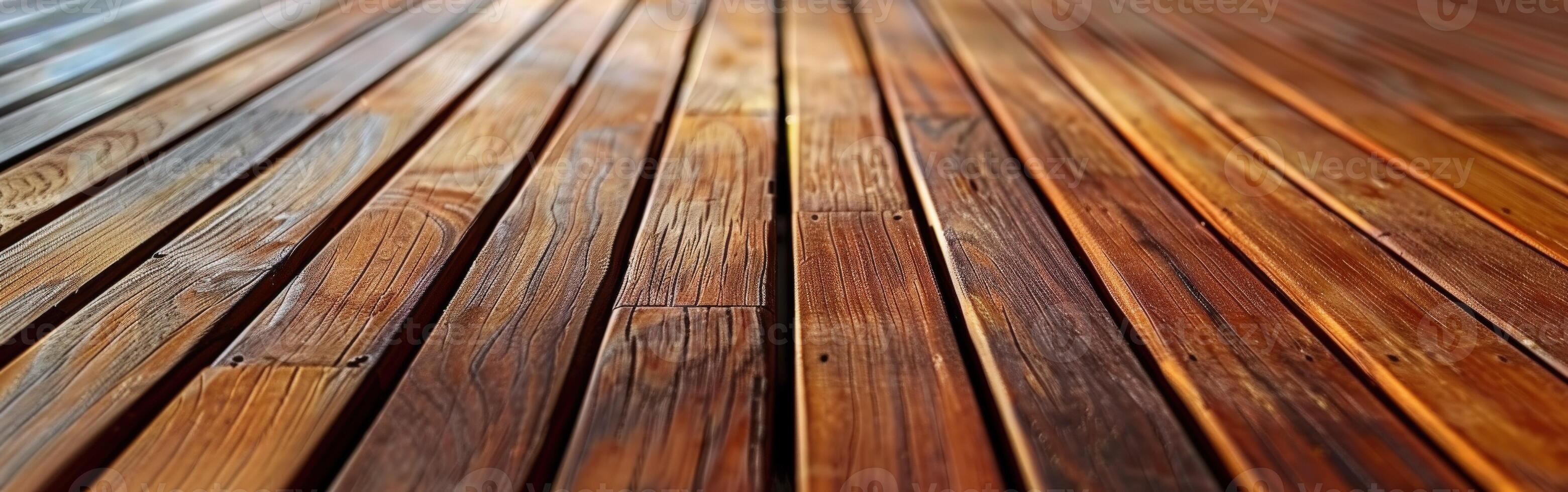 Close-up of warm brown wood decking with a smooth finish in sunlight photo